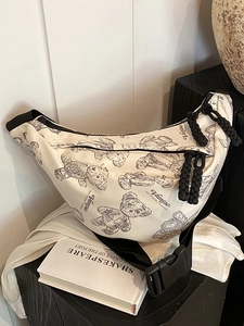 Segeltuch Umhängetasche Bär Bedruckt Halbmond Schultertasche Große Kapazität Reißverschluss Casual Reisen Brusttasche Damen