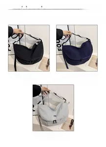 Detailed comparison of neutral nylon messenger bags in black, blue, and grey with MS logo