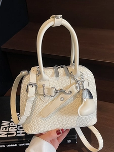 Women Woven Texture PU Leather Shell Handbag Korean Fashion Spicy Girl Style Small Crossbody Bag With Heart Pendant Shoulder Bag
