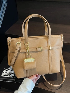 Women PU Leather Lychee Texture Tote Bag Elegant Commuter Handbag With Mini Charm And Adjustable Strap Multi-functional Crossbody Bag