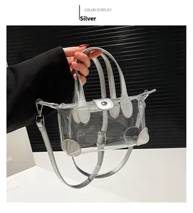 Detailansicht der silbernen Nähte und des Magnetverschlusses der transparenten PVC-Tasche