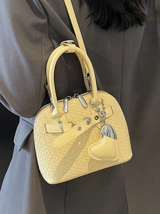 Bright yellow woven texture shell handbag with heart charm and silver hardware