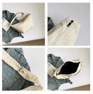 Detailed views of beige dumpling bag featuring ruched texture, silver hardware, and roomy interior