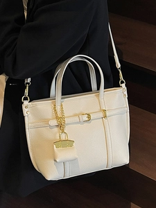 Minimalist creamy lychee texture leather tote bag with gold buckle for women