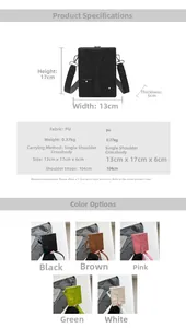 Detailed view of novelty suit-style crossbody phone bag with dimensions and color options