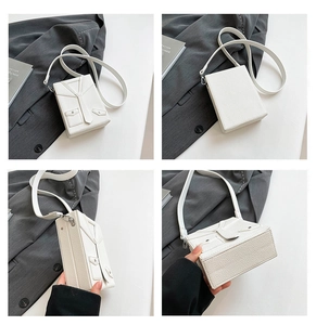 Detailed four-way view of a white suit-themed rectangular crossbody bag for women