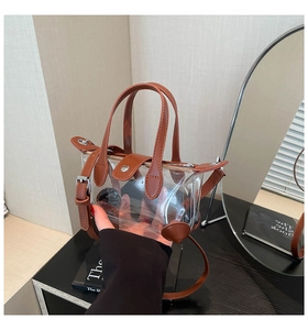 Nahaufnahme der transparenten PVC-Tasche mit braunem Kunstlederbesatz und silbernen Beschlägen