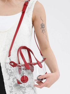 Moderne transparente rote PVC-Gelee-Handtasche mit Lederbesatz und verstellbarem Schultergurt