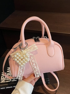 Borsa Boston da Donna in Pelle PU Con Ciondolo a Fiocco in Pizzo Perla Artificialto Tracolla Stile Coreano Minimalista Dolce Pendolare