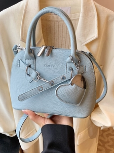 Women Fashion PU Leather Shell Handbag Litchi Texture Heart Pendant Metal Chain Adjustable Strap Crossbody Shoulder Bag