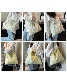 Detailed views of floral tote bag featuring white lace trim and decorative ribbon bow