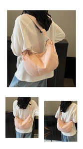 Detail shots of a pink crescent crossbody bag showing adjustable strap and canvas texture