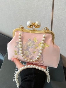 Women Vintage Floral Embroidery Artificial Pearl Evening Bag PU Leather Kiss Lock Handbag Elegant Crossbody Bag For Wedding Party