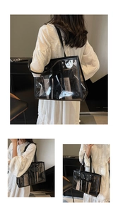 Detailed views of a transparent large tote bag with black leather trim and dual handles