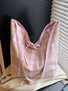 Große Kapazität Segeltuch Einkaufstasche Für Damen Retro Schriftzug Karo-Futter Schultertasche Mit Schleife Dekor