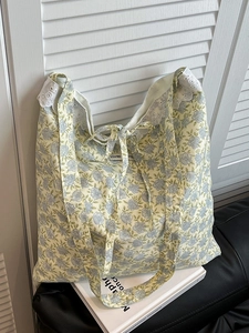 Women Fresh Floral Cotton Tote Bag With Lace Bowknot Large Capacity Lightweight Shoulder Bag Pastoral Style Handbag