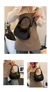 Detailed views of a black crescent shoulder bag with golden hardware and smooth finish