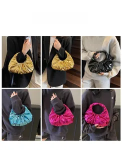 Fashionable metallic pleated handbag shown in various colors through professional model shots
