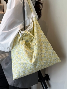 Floral canvas tote bag with yellow flower patterns and cute bow knot shoulder strap