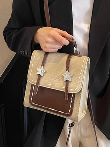Retro color-block flap handbag with silver stars and adjustable strap for women