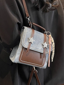 Y2K vintage mini backpack in denim and leather with star studs and rope charm details
