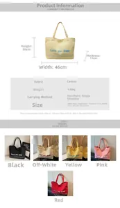 Detailed size chart and multi-color options for the large canvas tote bag with letter print