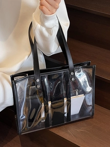 Transparent minimalist PVC tote bag with black leather trim and inner pouch for women