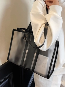 Minimalist translucent frosted tote bag with black leather straps and large capacity
