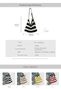 Detailed chart showing large knit tote bag dimensions and four available stripe colors