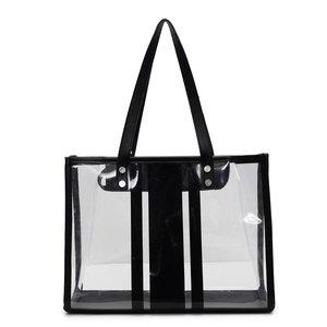 Sac fourre-tout en PVC transparent avec poignées en cuir noir et rayures modernes
