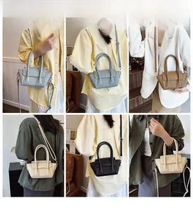 Collage of leather bucket bags in blue, beige, and black showing various carrying styles