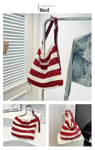 Detailed views of a large red and white striped crochet tote bag with adjustable leather straps