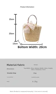 Close-up of woven bucket bag featuring floral lace bow and drawstring inner lining