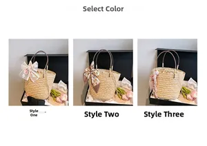 Three styles of hand-woven straw bucket bags with lace bows and floral accessories