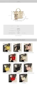 Size chart showing dimensions for a lychee pattern bucket bag with strap details