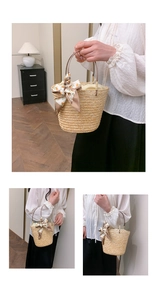 Close-up of woven bucket bag with floral silk scarf detail and drawstring lining