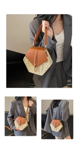 Detailed views of a hexagonal straw bag featuring brown leather trim and a magnetic flap