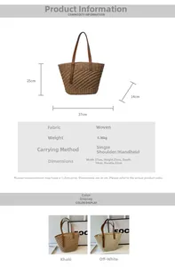 Detailed size chart and specifications for large woven straw tote beach bag for women
