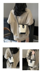 Three views showing the mini bucket bag used as a crossbody, shoulder, and handbag