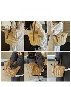 Collage of model carrying woven straw tote bag with leather straps in beige and brown