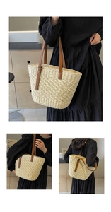 Detailed views of a straw tote bag with brown leather straps shown on a model