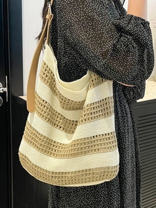 Large capacity striped knit tote bag with hollow pattern and leather straps for beach vacation