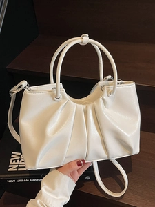 White oil wax leather pleated handbag with top handles and adjustable shoulder strap