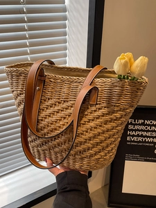 Large Capacity Woven Straw Tote Bag For Women Summer Beach Vacation Shoulder Handbag With Leather Handles Casual Travel
