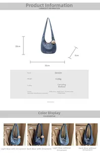 Detail view of denim shoulder bag showing size 35x28x8cm and available blue color options