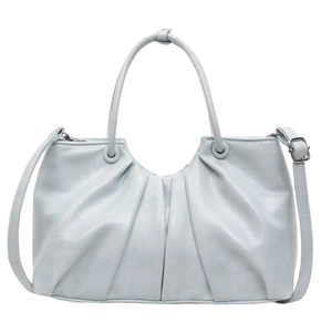 Elegant pleated light blue bucket handbag with top handles and adjustable shoulder strap