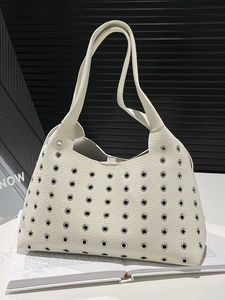 Women Fashion PU Leather Shoulder Bag Stylish Metal Grommet Rivet Handbag Litchi Texture Urban Minimalist Tote For Daily Use