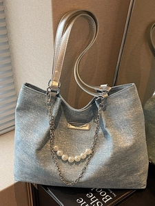 Koreanische Denim Künstliche Perlen Tote Tasche Große Kapazität Pendeln Umhängetasche Mit Metallkette Dekoration Student Casual Denim Handtasche