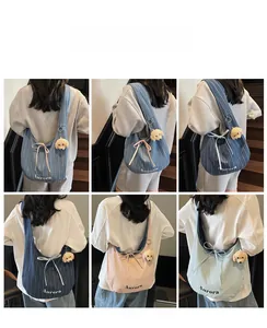 Collage of chic denim hobo bags with bows and plush charms shown on models back