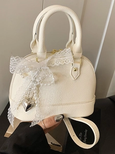 Women's Fashion Lychee Grain PU Leather Shell Bag With Lace Bow Artificial Pearl Heart Pendant Casual Shoulder Crossbody Handbag